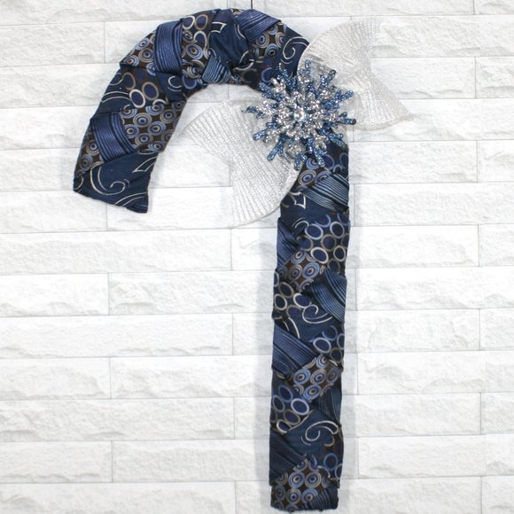HAND CRAFTED Candy Cane Christmas Wall Art Wreath Decor Upcycled Neckties Blue - Picture 1 of 10